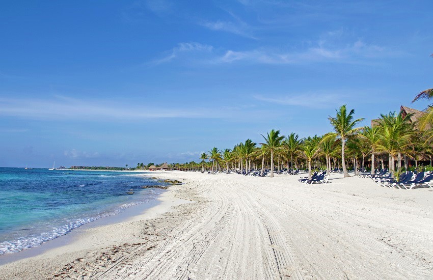 Early morning view of an empty Riviera Maya beach with white sand, palm trees, and loungers shaded beneath the palms.