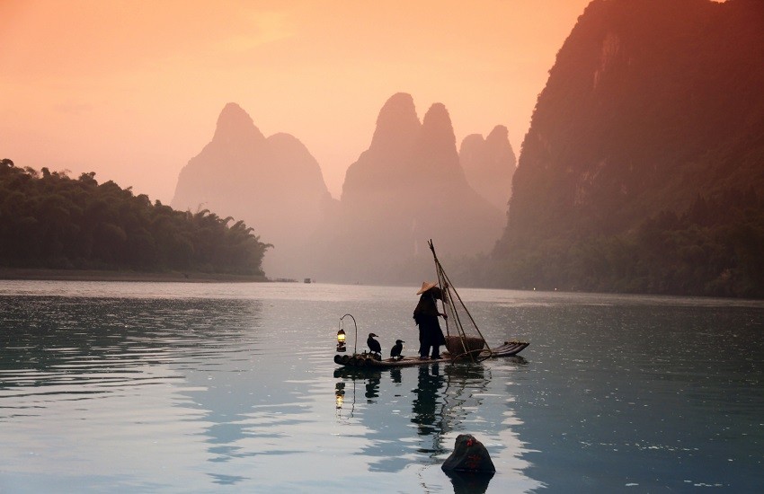 Chinese fisherman using trained cormorants to fish on the river in Yangshuo, Guangxi region, China