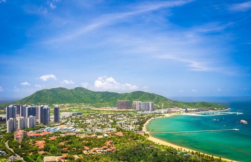 Overview of Sanya city in Hainan Province, China, with coastline and urban skyline