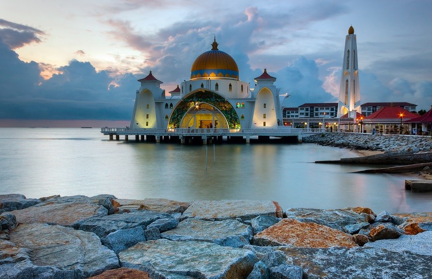 Malacca Straits Mosque standing over the water along the Malacca coastline.