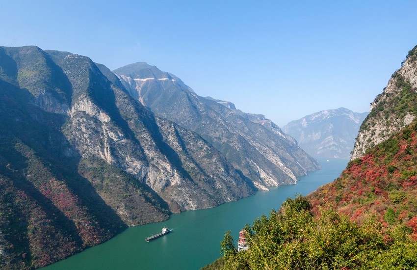 The Three Gorges along the Yangtze River in China, with steep cliffs and dramatic scenery