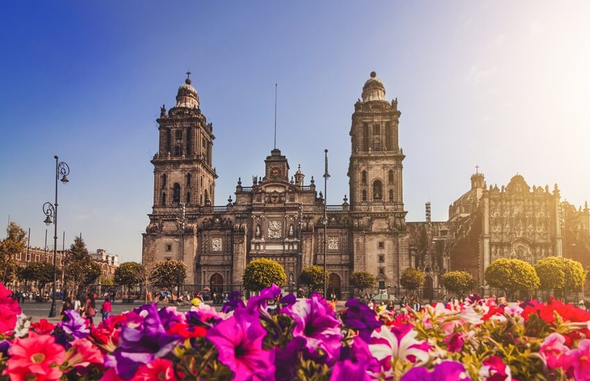 The Catedral Metropolitana in Mexico City with colourful flowers in the foreground and a bright blue sky behind it.
